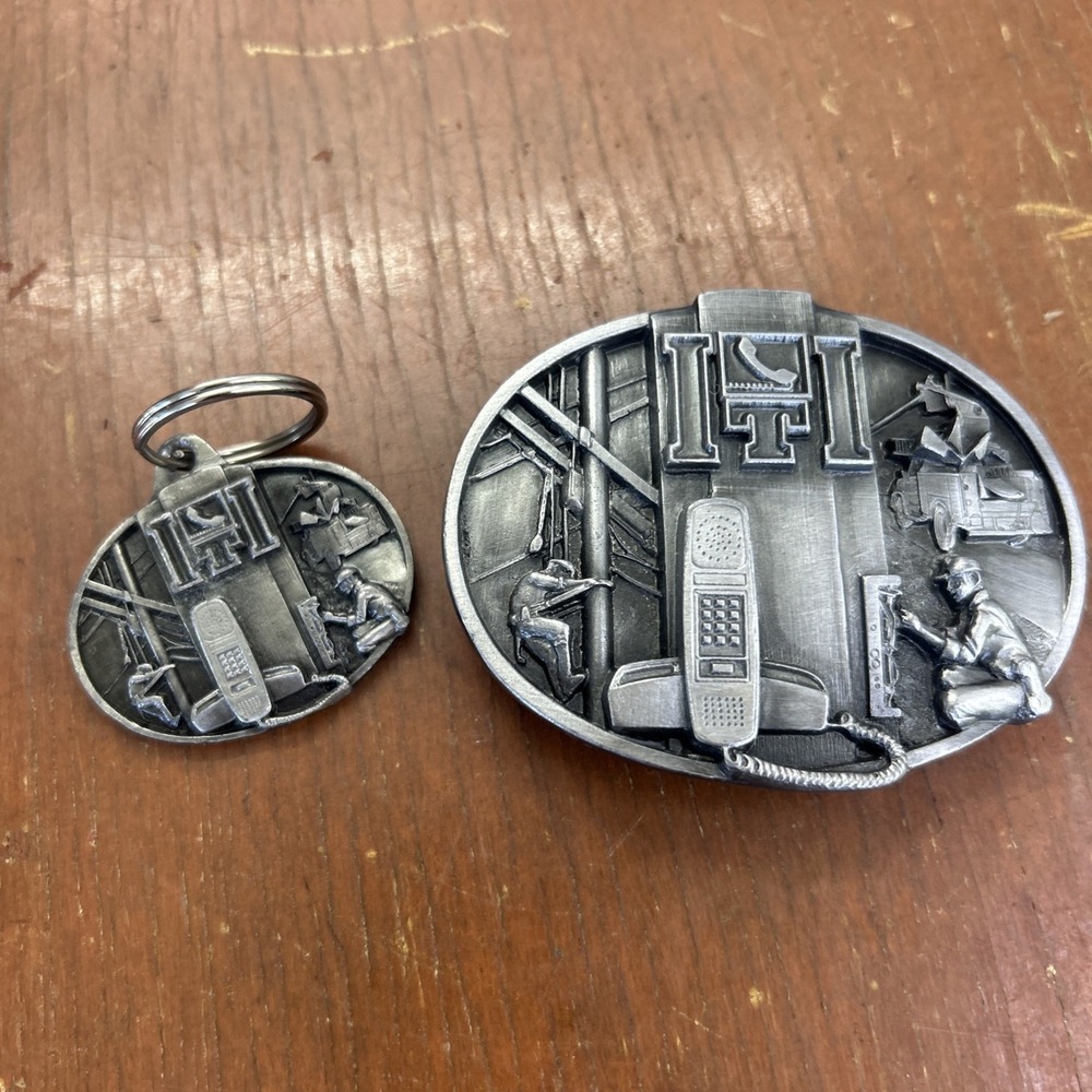 VTG ITI Siskiyou Pewter Belt Buckle Keychain Set Lineman Telephone 1989 1990